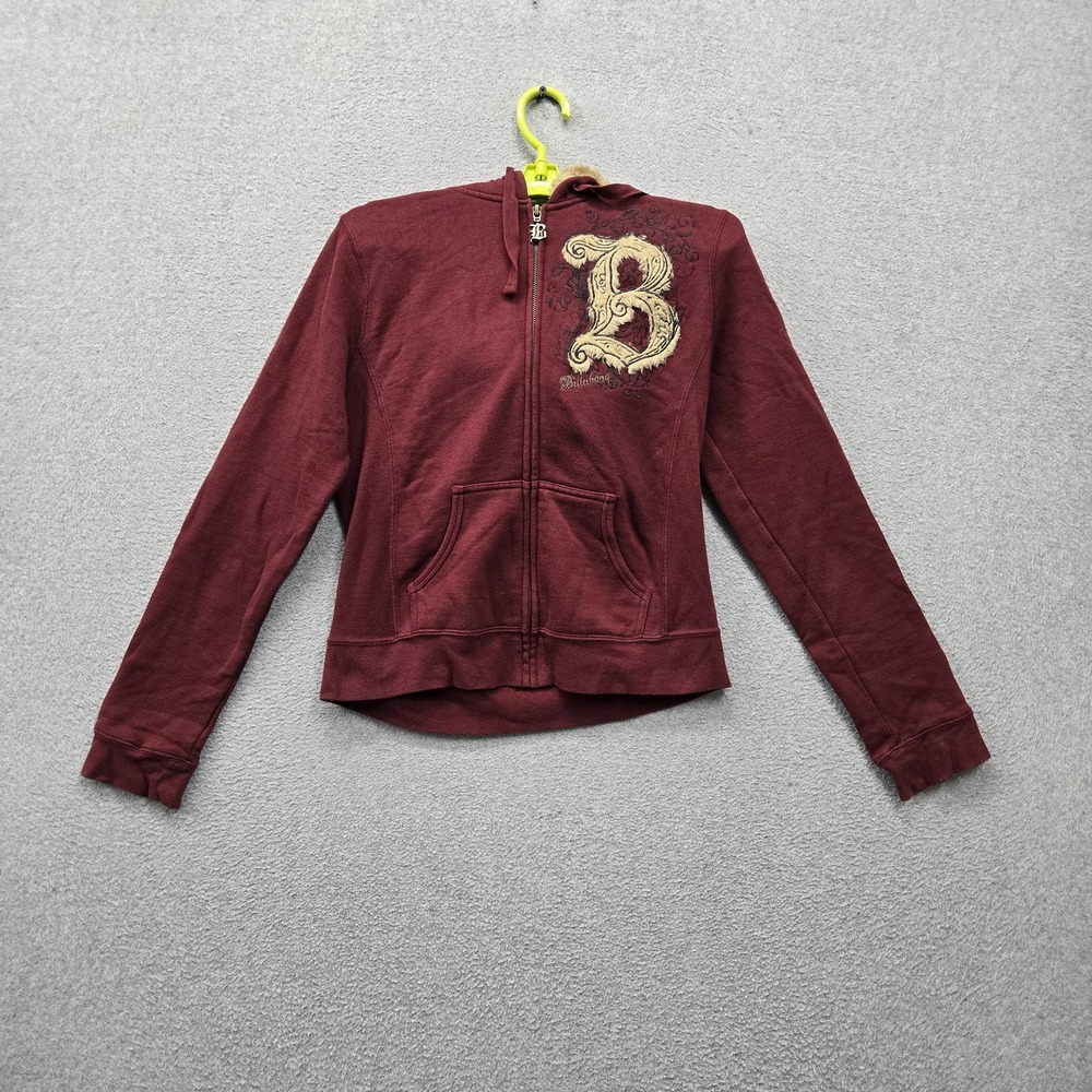 VINTAGE Billabong Women Hoodie M Burgundy Embroidered Graphic Heart Y2K Faux Fur